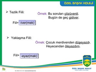  Tezlik Fiili:
Fiil+ -iver(mek)-iver(mek)
 Yaklaşma Fiili:
Fiil+ -eyaz(mak)-eyaz(mak)
Örnek: Bu soruları çözüverdi.
Bugün de geç gidiver.
Örnek: Çocuk merdivenden düşeyazdı.
Heyecandan öleyazdım.
 