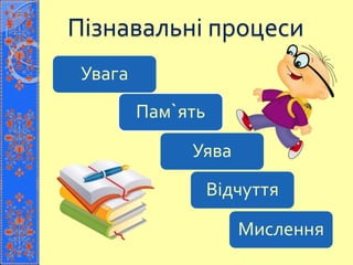 Пізнавальні процеси
Увага
Пам`ять
Уява
Відчуття
Мислення
 