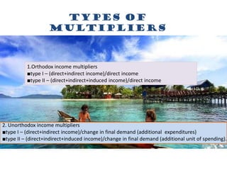 Types of
multipliers
1.Orthodox income multipliers
■type I – (direct+indirect income)/direct income
■type II – (direct+indirect+induced income)/direct income
2. Unorthodox income multipliers
■type I – (direct+indirect income)/change in final demand (additional expenditures)
■type II – (direct+indirect+induced income)/change in final demand (additional unit of spending).
 