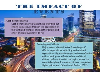Cost–benefit analysis
Cost–benefit analysis takes these crowding-out
effects into account through the application of
the ‘with and without’ and not the ‘before and
after’ principle (Vanhove, 1976).
Crowding-out’ effects
Major events always involve ‘crowding-out’
effects, expenditure switching and retained
expenditure. Big events are very often confronted
with crowding-out effects, when traditional
visitors prefer not to visit the region where the
event takes place for reasons of over occupation,
higher prices, etc. (Scherly and Breiter, 2002)
The impact of
events
 