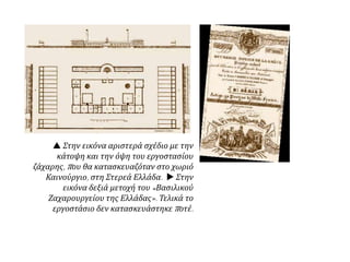  Στην εικόνα αριστερά σχέδιο με την
κάτοψη και την όψη του εργοστασίου
ζάχαρης, που θα κατασκευαζόταν στο χωριό
Καινούργιο, στη Στερεά Ελλάδα.  Στην
εικόνα δεξιά μετοχή του «Βασιλικού
Ζαχαρουργείου της Ελλάδας». Τελικά το
εργοστάσιο δεν κατασκευάστηκε ποτέ.
 