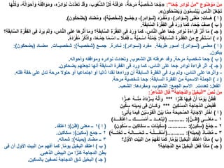 ‫وع‬ُ‫ض‬ ْ‫و‬َ‫م‬ ْ‫ِن‬‫م‬"‫ا‬َ‫ح‬ُ‫ج‬ ِ‫ِر‬‫د‬‫ا‬ َ‫و‬َ‫ن‬ ْ‫ِن‬‫م‬:"«‫ا‬َ‫ه‬ُّ‫ل‬ُ‫ك‬ َ‫و‬ ،ُ‫ه‬ُ‫ل‬‫ا‬ َ‫حو‬َ‫أ‬ َ‫و‬ ُ‫ه‬ُ‫ف‬ِ‫ق‬‫ا‬ َ‫و‬َ‫م‬‫و‬ ،‫ه‬ُ‫ر‬ِ‫د‬‫ا‬ َ‫و‬َ‫ن‬ ْ‫َت‬‫د‬َّ‫د‬َ‫ع‬َ‫ت‬ ْ‫د‬َ‫ق‬‫و‬ ،ِ‫ب‬‫و‬ُ‫ع‬ُّ‫ش‬‫ال‬ ُّ‫ل‬ُ‫ك‬ ُ‫ه‬ْ‫ت‬َ‫ف‬َ‫ر‬َ‫ع‬ ،ٌ‫ة‬َ‫ح‬ِ‫ر‬َ‫م‬ ٌ‫ة‬َّ‫ي‬ ِ‫ص‬ْ‫خ‬َ‫ش‬ ‫ا‬َ‫ح‬ُ‫ج‬
َ‫ون‬ُ‫ك‬َ‫ح‬ْ‫ض‬َ‫ي‬ َ‫و‬ َ‫ون‬ُ‫م‬ِ‫س‬َ‫ت‬ْ‫ب‬َ‫ي‬ ‫اس‬َّ‫ن‬‫ال‬ ُ‫ل‬َ‫ع‬ْ‫ج‬َ‫ت‬».
(‫ا‬)ِ‫ت‬‫َــا‬‫ه‬:‫ى‬َ‫ن‬ْ‫ع‬َ‫م‬(‫ادر‬ َ‫ــو‬َ‫ن‬)‫د‬َ‫ـر‬ْ‫ف‬ُ‫م‬‫و‬ ،(‫ِر‬‫د‬‫ا‬ َ‫ــو‬َ‫ن‬)‫ــع‬ْ‫م‬َ‫وج‬ ،(‫ة‬َّ‫ي‬ ِ‫ص‬ْ‫خ‬َ‫ش‬)‫اد‬َ‫ض‬ُ‫م‬‫و‬ ،(‫ون‬ُ‫ك‬َ‫ح‬ْ‫ض‬َ‫ي‬.)
(‫ب‬)،‫ا‬َ‫ح‬ُ‫ج‬ ْ‫ف‬ ِ‫ص‬‫ا‬َ‫م‬َ‫ك‬ِ‫ة‬َ‫ق‬ِ‫اب‬َّ‫س‬‫ال‬ ِ‫ة‬َ‫ر‬ْ‫ق‬ِ‫ف‬‫ال‬ ‫ِى‬‫ف‬ َ‫د‬َ‫ر‬ َ‫و‬.
(‫جـ‬)، ِ‫اس‬َّ‫ن‬‫ال‬ ‫ى‬َ‫ل‬َ‫ع‬ ‫َا‬‫ه‬‫ر‬َ‫ث‬َ‫ا أ‬َ‫م‬ َ‫و‬ ‫ِ؟‬‫ة‬َ‫ق‬ِ‫اب‬َّ‫س‬‫ال‬ ِ‫ة‬َ‫ر‬ْ‫ق‬ِ‫ف‬‫ال‬ ‫ِى‬‫ف‬ َ‫د‬َ‫ر‬ َ‫و‬ ‫ا‬َ‫م‬َ‫ك‬ ، ِ‫اس‬َّ‫ن‬‫ال‬ ‫ى‬َ‫ل‬َ‫ع‬ ‫ا‬َ‫ح‬ُ‫ج‬ ‫ِر‬‫د‬‫ا‬ َ‫و‬َ‫ن‬ ِ‫ة‬َ‫ء‬‫ا‬َ‫ِر‬‫ق‬ ُ‫ر‬َ‫ث‬َ‫أ‬ ‫ا‬َ‫م‬َ‫ل‬ َ‫و‬‫ِ؟‬‫ة‬َ‫ق‬ِ‫اب‬َّ‫س‬‫ال‬ ِ‫ة‬َ‫ر‬ْ‫ق‬ِ‫ف‬‫ال‬ ‫ِى‬‫ف‬ ْ‫د‬ ِ‫ر‬َ‫ي‬ ْ‫م‬
(‫د‬)‫ة‬َ‫ق‬ِ‫ـاب‬َّ‫س‬‫ال‬ ‫ة‬َ‫ـر‬ْ‫ق‬ِ‫ف‬‫ال‬ َ‫ِن‬‫م‬ ‫ج‬ِ‫ر‬ْ‫خ‬َ‫ت‬‫ـ‬ْ‫اس‬:ُ‫ه‬َ‫د‬َ‫ر‬ْ‫ف‬ُ‫م‬ ْ‫ر‬ُ‫ك‬ْ‫واذ‬ ،‫ا‬ًّ‫ع‬‫ـ‬ْ‫م‬َ‫ج‬ ‫ا‬ًّ‫م‬‫ـ‬ْ‫اس‬ ‫ــ‬ ًّ‫ـال‬ْ‫ِع‬‫ف‬ ‫ــ‬ ًّ‫ة‬َّ‫ي‬ِ‫م‬‫ـ‬ْ‫اس‬ ًّ‫ة‬َ‫ل‬ْ‫م‬ُ‫ج‬.
(‫ا‬)‫معنــى‬(‫نـــوادر‬:)‫طريفة‬ ‫أمــور‬.‫مفرد‬(‫نـــوادر‬:)‫نـادرة‬.‫جمــع‬(‫شخصيـة‬:)‫شخصيــات‬.‫مضـاد‬(‫يضحكون‬:)
‫يبكون‬.
(‫ب‬)‫مرحة‬ ‫شخصية‬ ‫جحا‬,‫الشعوب‬ ‫كل‬ ‫عرفته‬ ‫وقد‬,‫وأحواله‬ ‫ومواقفه‬ ‫نوادره‬ ‫وتعددت‬.
(‫جـ‬)-‫يضحكون‬ ‫تجعلهم‬ ‫أنها‬ ‫السابقة‬ ‫الفقرة‬ ‫فى‬ ‫ورد‬ ‫كما‬ ،‫الناس‬ ‫على‬ ‫جحا‬ ‫نوادر‬ ‫قراءة‬ ‫أثر‬.
-‫ظله‬ ‫خفة‬ ‫على‬ ‫تدل‬ ‫مرحة‬ ‫حلوال‬ ‫أو‬ ‫اجتماعيا‬ ‫أو‬ ‫ذاتيا‬ ‫نقدا‬ ‫وراءها‬ ‫أن‬ ‫السابقة‬ ‫الفقرة‬ ‫فى‬ ‫يرد‬ ‫ولم‬ ،‫الناس‬ ‫على‬ ‫وأثرها‬.
(‫د‬)‫السابقة‬ ‫الفقرة‬ ‫من‬ ‫االسمية‬ ‫الجملة‬:‫مرحة‬ ‫شخصية‬ ‫جحا‬.
‫الفعل‬:‫تعددت‬.‫الجمع‬ ‫االسم‬:‫ومفردها‬ ،‫الشعوب‬:‫الشعب‬.
ِّ‫ص‬َ‫ن‬ ْ‫ِن‬‫م‬"ُ‫ة‬َ‫اج‬َ‫َّج‬‫د‬‫وال‬ ُ‫ل‬‫ِي‬‫خ‬َ‫ب‬ْ‫ل‬‫ا‬"ُ‫ر‬ِ‫ع‬‫ا‬َّ‫ش‬‫ال‬ َ‫ل‬‫ا‬َ‫ق‬:
‫زا‬ْ‫ن‬َ‫ك‬ ‫ا‬َ‫ه‬‫ِي‬‫ف‬ َّ‫ن‬َ‫أ‬ ‫ا‬ًّ‫م‬ ْ‫و‬َ‫ي‬ َّ‫ن‬َ‫ظ‬َ‫ف‬***‫ا‬َّ‫ِــز‬‫ع‬ ُ‫ه‬‫ــ‬ْ‫ن‬ِ‫م‬ ُ‫د‬‫َا‬‫د‬ ْ‫ــز‬َ‫ي‬ ُ‫ه‬َّ‫ن‬َ‫أ‬ َ‫و‬
‫ِين‬‫ك‬ْ‫ِس‬‫م‬ْ‫ل‬‫ا‬ ‫ة‬َ‫اج‬َ‫َّج‬‫د‬‫ال‬ َ‫بض‬َ‫ق‬َ‫ف‬***‫ين‬ِّ‫ك‬ِ‫س‬ ‫ِينه‬‫م‬َ‫ي‬ ‫ِى‬‫ف‬ َ‫ــان‬َ‫ك‬ َ‫و‬
(‫ا‬)‫ِى‬‫ت‬ْ‫أ‬َ‫ي‬ ‫ا‬َ‫م‬‫ِي‬‫ف‬ ِ‫ن‬ْ‫ي‬َ‫س‬ ْ‫و‬َ‫ق‬ْ‫ل‬‫ا‬ َ‫ن‬ْ‫ي‬َ‫ب‬ ‫ا‬َّ‫م‬ِ‫م‬ ‫ة‬َ‫ِيح‬‫ح‬َّ‫ص‬‫ال‬ ‫ة‬َ‫ب‬‫ا‬َ‫ج‬ِ‫إل‬‫ا‬ ِ‫ر‬َ‫ت‬ْ‫اخ‬:
١‫ـــى‬َ‫ن‬ْ‫ع‬َ‫م‬ ‫ــ‬(َّ‫ــن‬َ‫ظ‬:)..........(َ‫د‬‫ــــ‬َ‫ق‬َ‫ت‬ْ‫اع‬ ‫ــ‬ ‫ـــــك‬َ‫س‬ْ‫م‬َ‫أ‬ ‫ــ‬ َ‫د‬‫ـــ‬َ‫ع‬َ‫ت‬ْ‫ب‬‫ا‬)
٢ُ‫ع‬ْ‫م‬َ‫ج‬ ‫ــ‬(‫ين‬ِّ‫ك‬ِ‫س‬:)............(‫ون‬ُ‫ك‬ُ‫س‬ ‫ــ‬ ‫ِين‬‫ك‬‫ا‬َ‫ك‬َ‫س‬ ‫ــ‬ ‫ات‬َ‫ن‬‫ي‬ِّ‫ك‬َ‫س‬)
٣‫ـاد‬َ‫ض‬ُ‫م‬ ‫ــ‬(‫ِه‬‫ن‬‫ِي‬‫م‬َ‫ي‬:)(...........ُ‫ه‬‫تـــ‬ْ‫ح‬َ‫ت‬ ‫ــ‬ ُ‫ه‬‫ــــالـ‬َ‫م‬ِ‫ش‬ ‫ــ‬ ُ‫ه‬‫ـ‬ُ‫ل‬‫ــــ‬َ‫ف‬ْ‫س‬َ‫أ‬)
(‫ب‬)‫ا‬ًّ‫م‬ ْ‫و‬َ‫ي‬ ُ‫ل‬‫ِي‬‫خ‬َ‫ب‬ْ‫ل‬‫ا‬ َ‫د‬َ‫ق‬َ‫ت‬ْ‫اع‬ ‫ا‬َ‫ذ‬‫ا‬َ‫م‬,‫؟‬ِ‫ل‬ َّ‫و‬َ‫األ‬ ِ‫ت‬ْ‫ي‬َ‫ب‬‫ال‬ َ‫ِن‬‫م‬ ُ‫م‬َ‫ه‬ْ‫ف‬َ‫ت‬ ‫ا‬َ‫م‬َ‫ك‬
(‫جـ‬)‫ِ؟‬‫ة‬َ‫اج‬َ‫َّج‬‫د‬‫ال‬ َ‫ع‬َ‫م‬ ُ‫ل‬‫ِي‬‫خ‬َ‫ب‬ْ‫ل‬‫ا‬ َ‫ل‬َ‫ع‬َ‫ف‬ ‫ا‬َ‫ذ‬‫ا‬َ‫م‬
(‫ا‬)١‫معنى‬ ‫ــ‬(‫ظن‬:)‫اعتقد‬.
٢‫جمع‬ ‫ــ‬(‫سكين‬:)‫سكاكين‬.
٣‫مضاد‬ ‫ــ‬(‫يمينه‬:)‫شماله‬.
(‫ب‬)‫ا‬ًّ‫م‬‫يو‬ ‫البخيل‬ ‫اعتقد‬,‫فى‬ ‫أن‬ ‫األول‬ ‫البيت‬ ‫من‬ ‫أفهم‬ ‫كما‬
‫الذهبى‬ ‫البيض‬ ‫من‬ ‫ا‬ًّ‫كنز‬ ‫الدجاجة‬ ‫بطن‬.
(‫جـ‬)‫بالسكين‬ ‫نصفين‬ ‫الدجاجة‬ ‫شق‬ ‫البخيل‬.
 