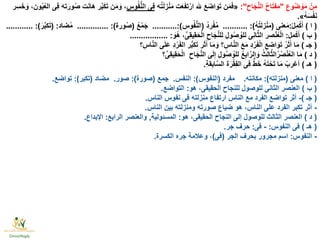 ِ‫وع‬ُ‫ض‬ ْ‫و‬َ‫م‬ ْ‫ِن‬‫م‬"ِ‫اح‬َ‫ج‬َّ‫ن‬‫ال‬ ُ‫ح‬‫ا‬َ‫ت‬‫ِف‬‫م‬:"«‫ه‬ُ‫ت‬َ‫ل‬ ِ‫ز‬ْ‫ن‬َ‫م‬ ‫ت‬َ‫ع‬َ‫ف‬‫ت‬ْ‫ار‬ ‫هلل‬ َ‫ع‬َ‫ض‬‫ا‬ َ‫و‬َ‫ت‬ ‫ن‬َ‫م‬َ‫ف‬ِ‫وس‬ُ‫ف‬ُّ‫ن‬‫ال‬ ‫ِى‬‫ف‬‫ر‬ِ‫س‬َ‫خ‬ َ‫و‬ ،‫ون‬ُ‫ي‬ُ‫ع‬‫ال‬ ‫ِى‬‫ف‬ ‫ته‬َ‫ور‬ُ‫ص‬ ‫ت‬َ‫ن‬‫َا‬‫ه‬ ‫ر‬َّ‫ب‬َ‫ك‬َ‫ت‬ ‫ن‬َ‫م‬ َ‫و‬ ،
ُ‫ه‬َ‫س‬ْ‫ف‬َ‫ن‬».
(‫ا‬)ْ‫ل‬ِ‫م‬ْ‫ك‬َ‫أ‬:‫عنى‬َ‫م‬(ُ‫ه‬ُ‫ت‬‫زل‬ْ‫ن‬َ‫م‬:)...........ُ‫د‬‫ر‬ْ‫ف‬ُ‫م‬(‫وس‬ُ‫ف‬ُّ‫ن‬‫ال‬...........:)ُ‫ع‬ْ‫م‬َ‫ج‬(‫ورة‬ُ‫ص‬:)..............‫ضاد‬ُ‫م‬( :َ‫ر‬َّ‫ب‬‫ك‬َ‫ت‬............ :)
(‫ب‬)‫مل‬ْ‫ك‬َ‫أ‬:َ‫ُو‬‫ه‬ ،ِّ‫ِى‬‫ق‬‫ِي‬‫ق‬َ‫ح‬ْ‫ل‬‫ا‬ ِ‫اح‬َ‫ج‬َّ‫ن‬‫لل‬ ِ‫ول‬ُ‫ص‬ ُ‫للو‬ ‫ِى‬‫ن‬‫ا‬َّ‫ث‬‫ال‬ ‫صر‬ْ‫ن‬ُ‫ع‬ْ‫ل‬‫ا‬................. :
(‫جـ‬)‫؟‬ ِ‫اس‬َّ‫ن‬‫ال‬ ‫ى‬َ‫ل‬َ‫ع‬ ِ‫د‬ ْ‫ر‬َ‫ف‬‫ال‬ ‫ر‬ُّ‫ب‬‫ك‬َ‫ت‬ ‫ر‬َ‫ث‬َ‫أ‬ ‫ا‬َ‫م‬ َ‫و‬ ‫؟‬ ِ‫اس‬َّ‫ن‬‫ال‬ َ‫ع‬َ‫م‬ ِ‫د‬ ْ‫ر‬َ‫ف‬ْ‫ل‬‫ا‬ ِ‫اضع‬ َ‫و‬َ‫ت‬ ُ‫ر‬َ‫ث‬َ‫أ‬ ‫ا‬َ‫م‬
(‫د‬)ِ‫اح‬َ‫ج‬َّ‫ن‬‫ال‬ ‫ى‬َ‫ل‬ِ‫إ‬ ِ‫ول‬ُ‫ص‬ ُ‫للو‬ ُ‫ع‬ِ‫اب‬َّ‫الر‬ َ‫و‬ ُ‫ِث‬‫ل‬‫ا‬َّ‫ث‬‫ال‬ُ‫ر‬ُ‫ص‬ْ‫ن‬ُ‫ع‬‫ال‬ ‫ا‬َ‫م‬‫؟‬ِّ‫ِى‬‫ق‬‫ِي‬‫ق‬َ‫ح‬ْ‫ل‬‫ا‬
(‫هـ‬)ِ‫ة‬‫ق‬ِ‫اب‬َّ‫س‬‫ال‬ ‫ة‬َ‫ر‬ْ‫ق‬ِ‫ف‬‫ال‬ ‫ِى‬‫ف‬ ٌّ‫ط‬َ‫خ‬ ُ‫ه‬َ‫ت‬ْ‫ح‬َ‫ت‬ ‫ا‬َ‫م‬ ْ‫رب‬ْ‫أع‬.
(‫ا‬)‫معنى‬(‫منزلته‬:)‫مكانته‬.‫مفرد‬(‫النفوس‬:)‫النفس‬.‫جمع‬(‫صورة‬:)‫صور‬.‫مضاد‬(‫تكبر‬:)‫تواضع‬.
(‫ب‬)‫هو‬ ،‫الحقيقى‬ ‫للنجاح‬ ‫للوصول‬ ‫الثانى‬ ‫العنصر‬:‫التواضع‬.
(‫جـ‬)-‫الناس‬ ‫نفوس‬ ‫فى‬ ‫منزلته‬ ‫ارتفاع‬ ‫الناس‬ ‫مع‬ ‫الفرد‬ ‫تواضع‬ ‫أثر‬.
-‫الناس‬ ‫بين‬ ‫ومنزلته‬ ‫صورته‬ ‫ضياع‬ ‫هو‬ ،‫الناس‬ ‫على‬ ‫الفرد‬ ‫تكبر‬ ‫أثر‬.
(‫د‬)‫هو‬ ،‫الحقيقى‬ ‫النجاح‬ ‫إلى‬ ‫للوصول‬ ‫الثالث‬ ‫العنصر‬:‫المسئولية‬,‫الرابع‬ ‫والعنصر‬:‫اإلبداع‬.
(‫هـ‬)‫النفوس‬ ‫فى‬:-‫فى‬:‫جر‬ ‫حرف‬.
-‫النفوس‬:‫الجر‬ ‫بحرف‬ ‫مجرور‬ ‫اسم‬(‫فى‬)‫الكسرة‬ ‫جره‬ ‫وعالمة‬ ،.
 