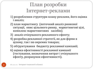 План розробки
Інтернет-реклами
1) розроблення структури плану реклами, його оцінка
і аналіз;
2) план маркетингу (поточний аналіз ринкової
ситуації, опис цільового ринку, маркетингові цілі,
комплекс маркетингових засобів);
3) аналіз очікуваного рекламного ефекту;
4) розробка рекламної стратегії, як для фірми в
цілому, так і по окремих товарах;
5) обґрунтування бюджету рекламної кампанії;
6) оцінка ефективності рекламної кампанії
(тестування, визначення витрат і очікуваного
ефекту, розрахунок ефективності).
8 itb.ucoz.ru - Інтернет-технології в бізнесі
 
