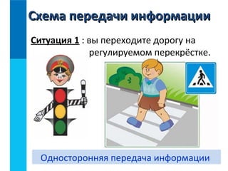 Ситуация 1 : вы переходите дорогу на
регулируемом перекрёстке.
Односторонняя передача информации
Схема передачи информацииСхема передачи информации
 