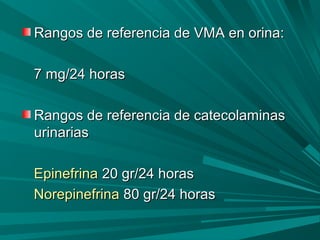 Rangos de referencia de VMA en orina:Rangos de referencia de VMA en orina:
7 mg/24 horas7 mg/24 horas
Rangos de referencia de catecolaminasRangos de referencia de catecolaminas
urinariasurinarias
EpinefrinaEpinefrina 20 gr/24 horas20 gr/24 horas
NorepinefrinaNorepinefrina 80 gr/24 horas80 gr/24 horas
 