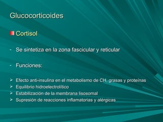 GlucocorticoidesGlucocorticoides
CortisolCortisol
- Se sintetiza en la zona fascicular y reticularSe sintetiza en la zona fascicular y reticular
- Funciones:Funciones:
 Efecto anti-insulina en el metabolismo de CH, grasas y proteínasEfecto anti-insulina en el metabolismo de CH, grasas y proteínas
 Equilibrio hidroelectrolíticoEquilibrio hidroelectrolítico
 Estabilización de la membrana lisosomalEstabilización de la membrana lisosomal
 Supresión de reacciones inflamatorias y alérgicasSupresión de reacciones inflamatorias y alérgicas
 