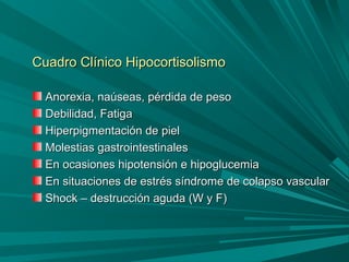 Cuadro Clínico HipocortisolismoCuadro Clínico Hipocortisolismo
Anorexia, naúseas, pérdida de pesoAnorexia, naúseas, pérdida de peso
Debilidad, FatigaDebilidad, Fatiga
Hiperpigmentación de pielHiperpigmentación de piel
Molestias gastrointestinalesMolestias gastrointestinales
En ocasiones hipotensión e hipoglucemiaEn ocasiones hipotensión e hipoglucemia
En situaciones de estrés síndrome de colapso vascularEn situaciones de estrés síndrome de colapso vascular
Shock – destrucción aguda (W y F)Shock – destrucción aguda (W y F)
 