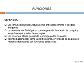 Alberts, 5ª ed.
DEFENSIVA
 Las inmunoglobulinas: Actúan como anticuerpos frente a posibles
antígenos.
 La trombina y el fibrinógeno: contribuyen a la formación de coágulos
sanguíneos para evitar hemorragias.
 Las mucinas: efecto germicida y protegen a las mucosas.
 Toxinas bacterianas: como la del botulismo, o venenos de serpientes:
Proteínas fabricadas con funciones defensivas.
FUNCIONES
 