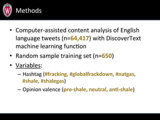 •  Computer-­‐assisted	
  content	
  analysis	
  of	
  English	
  
language	
  tweets	
  (n=64,417)	
  with	
  DiscoverText	
  
machine	
  learning	
  func.on	
  
•  Random	
  sample	
  training	
  set	
  (n=650)	
  
•  Variables:	
  	
  
–  Hashtag	
  (#fracking,	
  #globalfrackdown,	
  #natgas,	
  
#shale,	
  #shalegas)	
  
–  Opinion	
  valence	
  (pro-­‐shale,	
  neutral,	
  anF-­‐shale)	
  	
  
	
  
Methods	
  
 