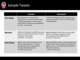 Sample	
  Tweets	
  
Certain	
   Uncertain	
  
Pro-­‐Shale	
   @ShaleMarkets:	
  Increased	
  Shale	
  
Development	
  Is	
  Good	
  For	
  Ohio	
  Workers	
  -­‐	
  
TY	
  @EnergyInDepth	
  for	
  Ar.cle	
  h<p://
buﬀ.ly/19Gc3Yz	
  #Shale	
  #Fracking	
  @XXXX	
  
8:25	
  AM	
  -­‐	
  14	
  Oct	
  2013	
  
RT	
  @TheFrackingTrap:	
  Will	
  Europe	
  pass	
  on	
  a	
  
shale	
  gas	
  revolu.on?	
  h<p://t.co/JD79txVR8x	
  
#fracking	
  #shale	
  
	
  
Neutral	
   @Osmich:	
  NB	
  judge	
  rules	
  #SWN	
  injunc.on	
  
against	
  an.	
  #fracking	
  protests	
  will	
  not	
  be	
  
extended,	
  ending	
  today.	
  
12:06	
  PM	
  -­‐	
  21	
  Oct	
  2013	
  
	
  
@BloombergNRG:	
  South	
  Africa	
  may	
  see	
  legal	
  
ba<le	
  over	
  #fracking	
  regula.ons	
  h<p://
bloom.bg/1bxLO5P	
  by	
  @pburkhardt	
  
9:10	
  AM	
  -­‐	
  16	
  Oct	
  2013	
  
AnF-­‐Shale	
   @XXXX:	
  Wow.	
  A?er	
  watching	
  the	
  two	
  
Gasland	
  documentaries,	
  I'm	
  pre<y	
  
disappointed	
  with	
  our	
  government	
  
#fracking	
  #Gasland	
  #sacj100	
  
9:57	
  PM	
  -­‐	
  21	
  Oct	
  2013	
  
	
  
@SierraClubRMC:	
  Where	
  is	
  the	
  $	
  Going?	
  Home	
  
Buyers	
  Kept	
  in	
  Dark	
  as	
  Builders	
  Retain	
  Mineral	
  
Rights	
  w/	
  Eye	
  on	
  #Fracking	
  Revenue	
  @AllGov	
  
h<p://bit.ly/H1JLwG	
  	
  
1:41	
  PM	
  -­‐	
  15	
  Oct	
  2013	
  
	
  
 