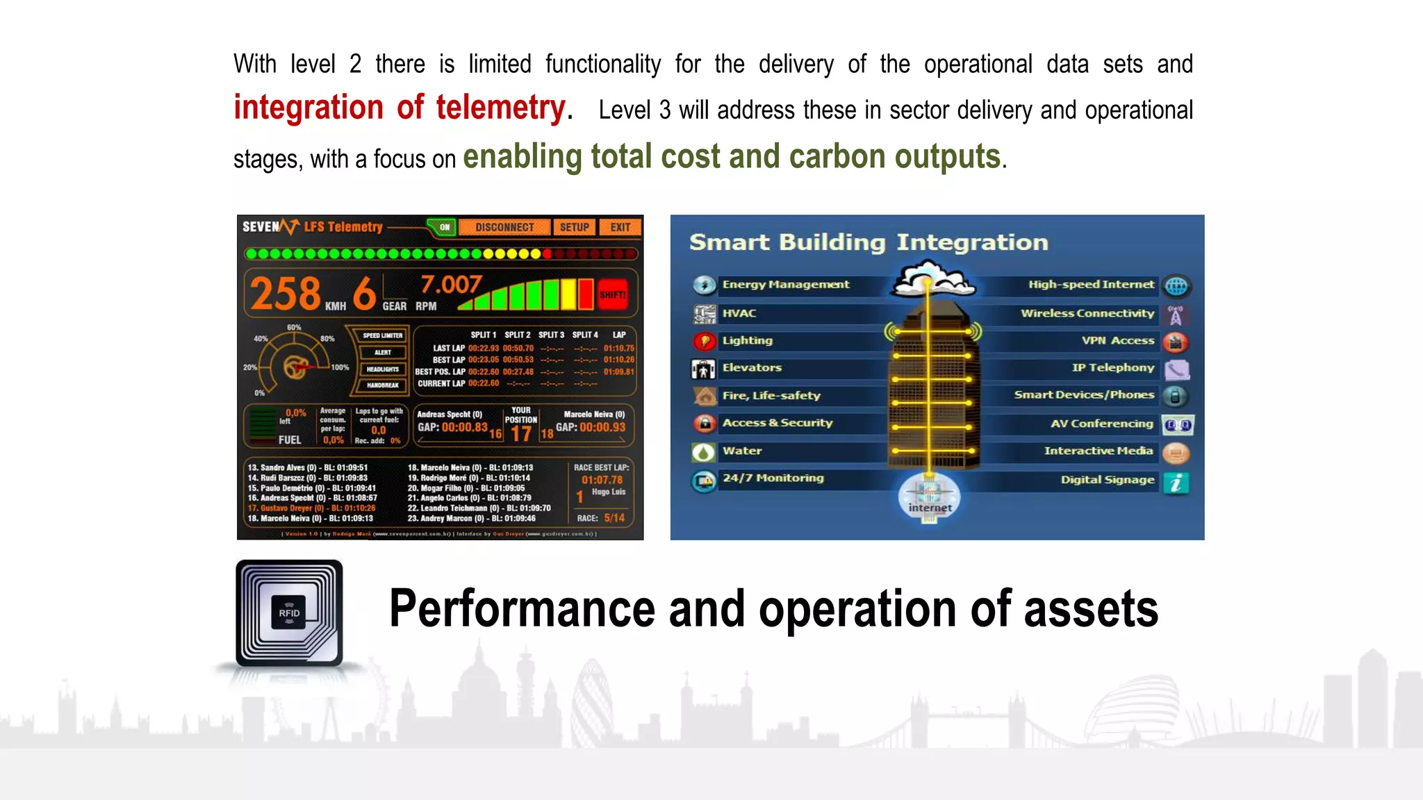 31
With level 2 there is limited functionality for the delivery of the operational data sets and
integration of telemetry. Level 3 will address these in sector delivery and operational
stages, with a focus on enabling total cost and carbon outputs.
Performance and operation of assets
 