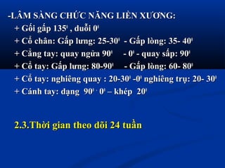-LÂM SÀNG CHỨC NĂNG LIỀN XƯƠNG:-LÂM SÀNG CHỨC NĂNG LIỀN XƯƠNG:
+ Gối gấp 135+ Gối gấp 13500
, duỗi 0, duỗi 000
+ Cổ chân: Gấp lưng: 25-30+ Cổ chân: Gấp lưng: 25-3000
- Gấp lòng: 35- 40- Gấp lòng: 35- 4000
+ Cẳng tay: quay ngửa 90+ Cẳng tay: quay ngửa 9000
- 0- 000
- quay sấp: 90- quay sấp: 9000
+ Cổ tay: Gấp lưng: 80-90+ Cổ tay: Gấp lưng: 80-9000
- Gấp lòng: 60- 80- Gấp lòng: 60- 8000
+ Cổ tay: nghiêng quay : 20-30+ Cổ tay: nghiêng quay : 20-3000
-0-000
nghiêng trụ: 20- 30nghiêng trụ: 20- 3000
+ Cánh tay: dạng 90+ Cánh tay: dạng 9000 --
0000
– khép 20– khép 2000
2.3.Thời gian theo dõi 24 tuần2.3.Thời gian theo dõi 24 tuần
 