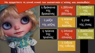 ἡ δράκαινα
– τῆς ...
ἡ βδέλλα –
τῆς ...
ἡ ἀσέβεια –
τῆς ...
ἡ μύξα –
τῆς ...
ἡ λέαινα –
τῆς ...
ἡ ῥῖνα –
τῆς ...
ἡ τρίαινα –
τῆς ...
ἡ ἄπνοια –
τῆς ...
ἡ βασίλισσα
– τῆς ...
ἡ ἔνδεια –
τῆς …
Να σχηματίσετε τη γενική ενικού των ουσιαστικών α΄κλίσης που ακολουθούν:
ἡ δράκαινα
τῆς
δρακαίνης
ἡ βδέλλα
τῆς
βδέλλης
ἡ ἀσέβεια
τῆς
ἀσεβείας
ἡ μύξα
τῆς μύξης
ἡ λέαινα
τῆς
λεαίνης
ἡ ῥῖνα
τῆς ῥίνης
ἡ τρίαινα
τῆς
τριαίνης
ἡ ἄπνοια
τῆς
ἀπνοίας
ἡ βασίλισσα
τῆς
βασιλίσσης
ἡ ἔνδεια
τῆς ἐνδείας
 