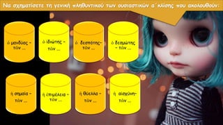 ὁ μανδύας –
τῶν ...
ὁ ἰδιώτης –
τῶν ...
ὁ δεσπότης–
τῶν ...
ὁ δεσμώτης
– τῶν ...
ἡ σημαία –
τῶν ...
ἡ ἐπιμέλεια –
τῶν ...
ἡ θύελλα –
τῶν ...
ἡ αἰσχύνη–
τῶν ...
Να σχηματίσετε τη γενική πληθυντικού των ουσιαστικών α΄κλίσης που ακολουθούν:
 