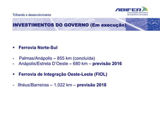 INVESTIMENTOS DO GOVERNO (Em execução)
 Ferrovia Norte-Sul
- Palmas/Anápolis – 855 km (concluída)
- Anápolis/Estrela D’Oeste – 680 km – previsão 2016
 Ferrovia de Integração Oeste-Leste (FIOL)
- Ilhéus/Barreiras – 1.022 km – previsão 2018
 