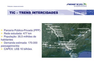 > Parceria Público-Privada (PPP)
> Rede estudada: 477 km
> População: 30,5 milhões de
habitantes
> Demanda estimada: 170.000
passageiros/dia
> CAPEX: US$ 10 bilhões
Fonte: EDLPTIC – TRENS INTERCIDADES
 