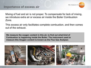 3/15Testo IN,
Importance of excess air
Mixing of fuel and air is not proper. To compensate for lack of mixing,
we introduce extra air or excess air inside the Boiler Combustion
Zone.
This excess air only facilitates complete combustion, and then comes
out of the exhaust.
We measure the oxygen content in this air, to find out what kind of
Combustion is happening inside the Boiler. The instrument used to
measure this Oxygen content is known as the Flue Gas Analyser.
 