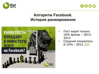 Алгоритм Facebook.
История ранжирования
• Пост видят только
16% фанов – 2013-
2014
• Средний показатель
6-10% - 2015 ;(((
 