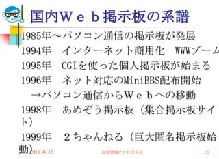 国内Ｗｅｂ掲示板の系譜
1985年～パソコン通信の掲示板が発展
1994年 インターネット商用化 WWWブーム
1995年 CGIを使った個人掲示板が始まる
1996年 ネット対応のMiniBBS配布開始
  →パソコン通信からＷｅｂへの移動
1998年 あめぞう掲示板（集合掲示板サイ
ト）
1999年 ２ちゃんねる（巨大匿名掲示板始
動）2011/6/15 高度情報化と社会生活  22
 