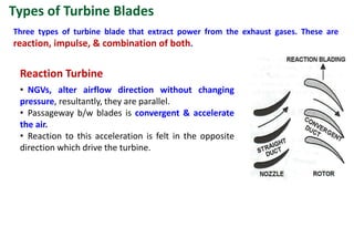 • NGVs, alter airflow direction without changing
pressure, resultantly, they are parallel.
• Passageway b/w blades is convergent & accelerate
the air.
• Reaction to this acceleration is felt in the opposite
direction which drive the turbine.
Reaction Turbine
Three types of turbine blade that extract power from the exhaust gases. These are
reaction, impulse, & combination of both.
Types of Turbine Blades
 