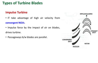 • IT take advantage of high air velocity from
convergent NGVs.
• Impulse force by the impact of air on blades,
drives turbine.
• Passageways b/w blades are parallel.
Impulse Turbine
Types of Turbine Blades
 