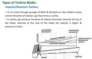 • As air travel through passage of NGVs & directed on rotor blades to give
correct direction of rotation, gas flow forms a vortex.
• In vortex, gas pressure increases & velocity decreases towards the tip of
the blade, whereas at the root of the blade the velocity is higher &
pressure is lower.
Impulse/Reaction Turbine
Types of Turbine Blades
 