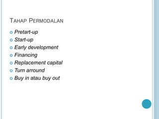 TAHAP PERMODALAN
 Pretart-up
 Start-up
 Early development
 Financing
 Replacement capital
 Turn arround
 Buy in atau buy out
 