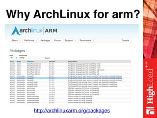 Why ArchLinux for arm?
http://archlinuxarm.org/packages
 