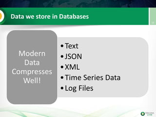 Data we store in Databases
•Text
•JSON
•XML
•Time Series Data
•Log Files
Modern
Data
Compresses
Well!
13
 