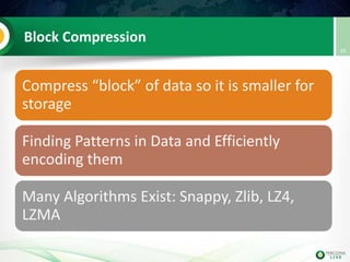 Block Compression
Compress “block” of data so it is smaller for
storage
Finding Patterns in Data and Efficiently
encoding them
Many Algorithms Exist: Snappy, Zlib, LZ4,
LZMA
20
 