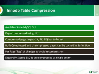 Innodb Table Compression
Available Since MySQL 5.1
Pages compressed using zlib
Compressed page target (1K, 4K, 8K) has to be set
Both Compressed and Uncompressed pages can be cached in Buffer Pool
Per Page “log” of changes to avoid recompression
Extenrally Stored BLOBs are compressed as single entity
38
 