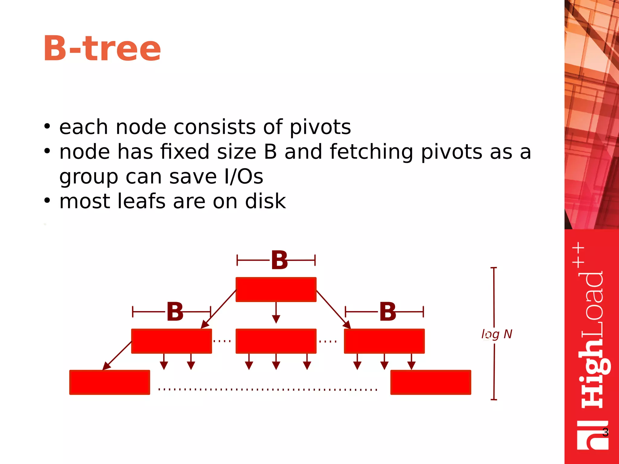 B-tree
●
each node consists of pivots
●
node has fixed size B and fetching pivots as a
group can save I/Os
●
most leafs are on disk
•
3
B
B B
log NB
 