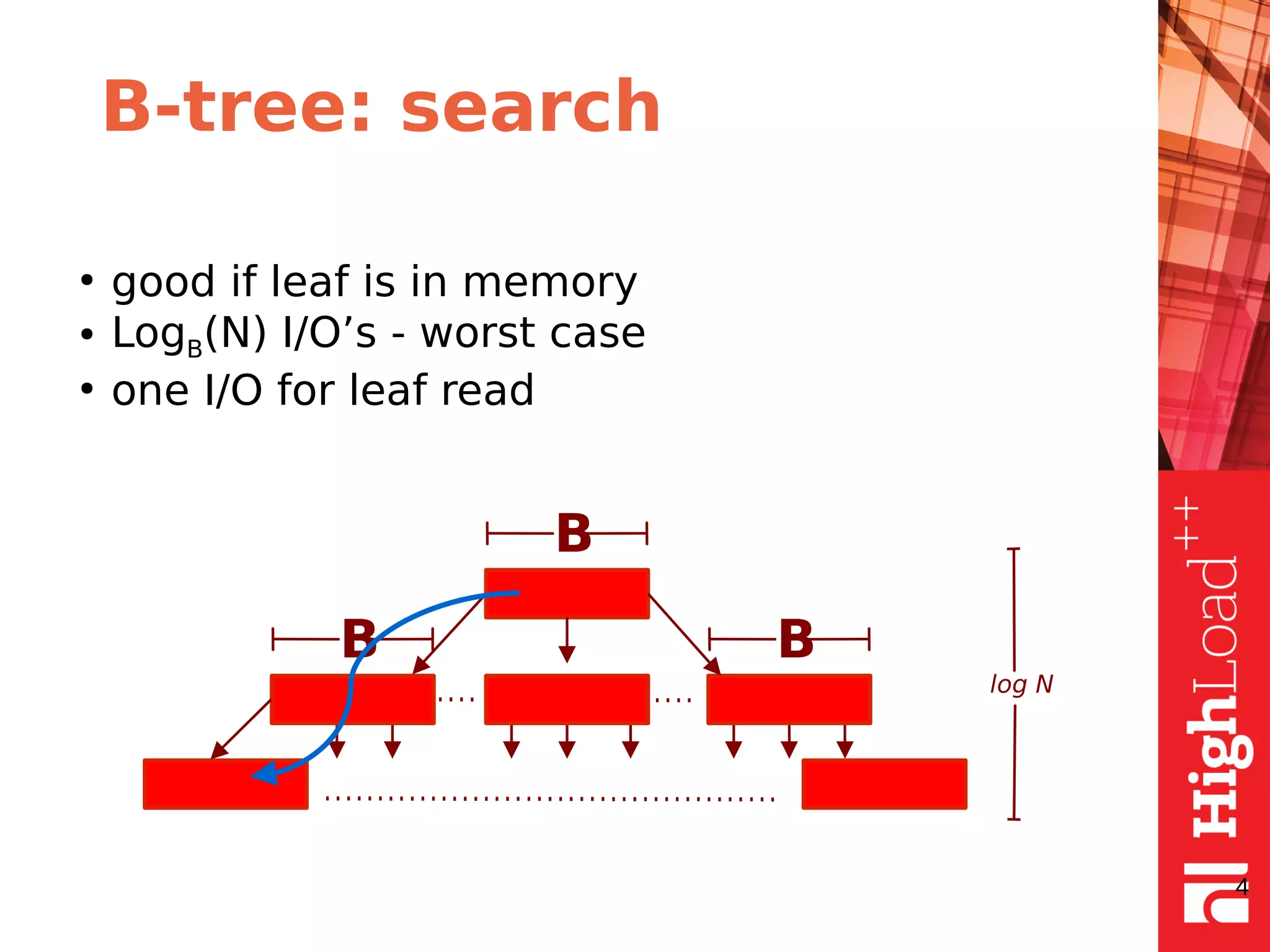 B-tree: search
●
good if leaf is in memory
● LogB(N) I/O’s - worst case
●
one I/O for leaf read
4
B
B B
log N
 