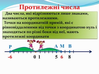 0 1
А
-6 6
ВМР
5 8
Протилежні числа
Два числа, які відрізняються лише знаками,
називаються протилежними.
Точки на координатній прямій, які є
рівновіддаленими від точки з координатою нуль і
знаходяться по різні боки від неї, мають
протилежні координати
 