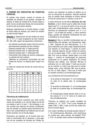 Electrónica digital
7
IES ASTURES
4. DISEÑO DE CIRCUITOS DE PUERTAS
LÓGICAS.
El método más simple, cuando el número de
variables de entrada no es grande, consiste en
obtener la tabla de verdad de la función lógica a
partir de las condiciones físicas de funcionamien-
to del circuito que quiero diseñar.
Después obtendremos la función lógica a partir
de dicha tabla de verdad y por último se simplifi-
ca esta función lógica.
Ejemplo 1: Disponemos de tres finales de carre-
ra, “a” “b” y “c” para el gobierno de tres motores,
M1, M2 y M3, según las siguientes condiciones:
– No estando accionado ningún final de carrera,
permanecerán parados los tres motores.
– Estando pulsado sólo “a” debe girar M1.
– Estando pulsado sólo “b” debe girar M2.
– Estando pulsado sólo “c” debe girar M3.
– Accionando dos finales de carrera cualesquie-
ra, girarán los tres motores.
– Mientras se encuentren accionados los tres
finales de carrera, no deberá girar ningún mo-
tor.
La tabla de verdad del circuito de control del sis-
tema es:
a b c M1 M2 M3
0 0 0 0 0 0
0 0 1 0 0 1
0 1 0 0 1 0
0 1 1 1 1 1
1 0 0 1 0 0
1 0 1 1 1 1
1 1 0 1 1 1
1 1 1 0 0 0
Términos de indiferencia
Hasta ahora hemos supuesto que cada combi-
nación de entradas a un circuito lógico ha de dar
una salida o bien 0 o bien 1. Sin embargo, a ve-
ces sucede que algunas de dichas combinacio-
nes de entrada no podrán darse físicamente de-
bido a las características del sistema que se pre-
tende controlar con el circuito lógico.
Pensemos, por ejemplo, en el circuito para con-
trolar el movimiento de un ascensor, y que algu-
nas de las variables de entrada son finales de
carrera que detectan la planta el edificio en la
que se encuentra el ascensor. Resulta evidente
que no podrán estar activados al mismo tiempo
el final de carrera de la 1ª planta y el de la 3ª.
A estos términos se les llama términos de indi-
ferencia, y da lo mismo que la salida del circuito
lógico sea 0 ó 1, ya que de hecho no se va a dar
este caso (evidentemente salvo averías). Estos
términos se representan mediante una “x” o un
guión “-“ en la tabla de verdad, y, como veremos
luego, pueden ser bastante interesantes de cara
a simplificar el circuito lógico.
Ejemplo 2: Sea un sencillo montacargas que se
mueve entre dos plantas, que llamaremos “baja”
y “alta”. Dispone de dos interruptores, “s” y “b”
para ordenarle que suba o baje respectivamente,
que ofrecen un nivel lógico 1 cuando se accio-
nan. Además dispone de dos finales de carrera,
uno en la planta baja, “FCb” y otro en la planta
alta “Fca” que se activan, dando lugar a un nivel
lógico 1, cuando el montacargas se posiciona
justamente en su planta respectiva. El circuito
ofrecerá dos salidas, una, llamada “Ms”que al
activarse con un valor lógico 1 hará que se pon-
ga en marcha un motor que hará que el monta-
cargas suba, y otra, llamada “Mb” que al activar-
se con un valor lógico 1 hará que el motor gire
en sentido contrario y el montacargas baje.
Las condiciones de funcionamiento son:
– Si se activa el interruptor “s” y el montacargas
no está en la planta alta, el montacargas
sube.
– Si se activa el interruptor “b” y el montacargas
no está en la planta baja, el montacargas ba-
ja.
– El montacargas estará parado tanto si no es-
tán activos ni “s” ni “b” como si lo están am-
bos simultáneamente.
Tenemos un sistema con cuatro variables de
entrada (“s”, “b”, “FCb”, “Fca”) y dos variables de
salida (“Ms” y “Mb”), cada una de las cuales ten-
drá su función lógica.
Con cuatro variables de entrada pueden darse 24
= 16 combinaciones diferentes, pero tendremos
en cuenta que, salvo averías, las señales “FCb”
y “Fca” no pueden estar activas simultáneamen-
 
