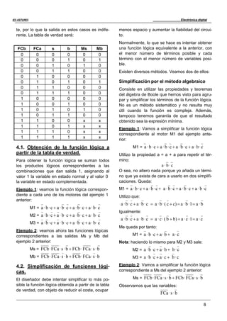 Electrónica digital
8
IES ASTURES
te, por lo que la salida en estos casos es indife-
rente. La tabla de verdad será:
FCb FCa s b Ms Mb
0 0 0 0 0 0
0 0 0 1 0 1
0 0 1 0 1 0
0 0 1 1 0 0
0 1 0 0 0 0
0 1 0 1 0 1
0 1 1 0 0 0
0 1 1 1 0 0
1 0 0 0 0 0
1 0 0 1 0 0
1 0 1 0 1 0
1 0 1 1 0 0
1 1 0 0 x x
1 1 0 1 x x
1 1 1 0 x x
1 1 1 1 x x
4.1. Obtención de la función lógica a
partir de la tabla de verdad.
Para obtener la función lógica se suman todos
los productos lógicos correspondientes a las
combinaciones que dan salida 1, asignando al
valor 1 la variable en estado normal y al valor 0
la variable en estado complementada.
menos espacio y aumentar la fiabilidad del circui-
to.
Normalmente, lo que se hace es intentar obtener
una función lógica equivalente a la anterior, con
el menor número de términos posible y cada
término con el menor número de variables posi-
ble.
Existen diversos métodos. Veamos dos de ellos:
Simplificación por el método algebraico
Consiste en utilizar las propiedades y teoremas
del álgebra de Boole que hemos visto para agru-
par y simplificar los términos de la función lógica.
No es un método sistemático y no resulta muy
útil cuando la función es compleja. Además,
tampoco tenemos garantía de que el resultado
obtenido sea la expresión mínima.
Ejemplo 1: Vamos a simplificar la función lógica
correspondiente al motor M1 del ejemplo ante-
rior:
M1 = a ·b·c  a ·b·c  a ·b·c  a ·b·c
Utilizo la propiedad a = a + a para repetir el tér-
mino:
a · b ·c
O sea, no altero nada porque yo añada un térmi-
no que ya exista de cara a usarlo en dos simplifi-
caciones. Queda:
Ejemplo 1: veamos la función lógica correspon-
diente a cada uno de los motores del ejemplo 1
anterior:
M1 = a ·b·c  a ·b·c 
Utilizo que:
a ·b·c  a ·b·c  a ·b·c
M1 = a ·b·c  a ·b·c  a ·b·c  a ·b·c
M2 = a ·b·c  a ·b·c  a ·b·c  a · b·c
M3 = a ·b·c  a ·b·c  a ·b·c  a · b·c
a ·b·c  a ·b·c
Igualmente:
a ·b·c  a ·b·c
 a ·b·( c  c)  a · b·1 a ·b
 a ·c·( b  b)  a ·c·1 a ·c
Ejemplo 2: veamos ahora las funciones lógicas
correspondientes a las salidas Ms y Mb del
Me queda por tanto:
M1 = a ·b·c  a ·b  a ·c
ejemplo 2 anterior: Nota: haciendo lo mismo para M2 y M3 sale:
Ms = FCb·FCa·s·b  FCb·FCa·s·b
Mb = FCb·FCa·s·b  FCb·FCa·s·b
M2 = a ·b·c  a ·b 
M3 = a ·b·c  a ·c 
b·c
b·c
4.2. Simplificación de funciones lógi-
cas.
El diseñador debe intentar simplificar lo más po-
sible la función lógica obtenida a partir de la tabla
de verdad, con objeto de reducir el coste, ocupar
Ejemplo 2: Vamos a simplificar la función lógica
correspondiente a Ms del ejemplo 2 anterior:
Ms = FCb·FCa·s·b  FCb·FCa·s·b
Observamos que las variables:
FCa·s·b
 