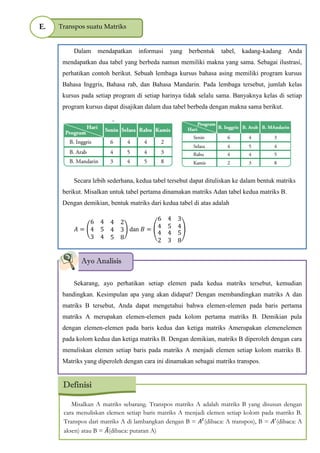 Transpos suatu MatriksE.
Dalam mendapatkan informasi yang berbentuk tabel, kadang-kadang Anda
mendapatkan dua tabel yang berbeda namun memiliki makna yang sama. Sebagai ilustrasi,
perhatikan contoh berikut. Sebuah lembaga kursus bahasa asing memiliki program kursus
Bahasa Inggris, Bahasa rab, dan Bahasa Mandarin. Pada lembaga tersebut, jumlah kelas
kursus pada setiap program di setiap harinya tidak selalu sama. Banyaknya kelas di setiap
program kursus dapat disajikan dalam dua tabel berbeda dengan makna sama berikut.
Secara lebih sederhana, kedua tabel tersebut dapat dituliskan ke dalam bentuk matriks
berikut. Misalkan untuk tabel pertama dinamakan matriks Adan tabel kedua matriks B.
Dengan demikian, bentuk matriks dari kedua tabel di atas adalah
𝐴 (
6 4 4 2
4 5 4 3
3 4 5 8
) dan 𝐵 (
6 4 3
4 5 4
4
2
4
3
5
8
)
Sekarang, ayo perhatikan setiap elemen pada kedua matriks tersebut, kemudian
bandingkan. Kesimpulan apa yang akan didapat? Dengan membandingkan matriks A dan
matriks B tersebut, Anda dapat mengetahui bahwa elemen-elemen pada baris pertama
matriks A merupakan elemen-elemen pada kolom pertama matriks B. Demikian pula
dengan elemen-elemen pada baris kedua dan ketiga matriks Amerupakan elemenelemen
pada kolom kedua dan ketiga matriks B. Dengan demikian, matriks B diperoleh dengan cara
menuliskan elemen setiap baris pada matriks A menjadi elemen setiap kolom matriks B.
Matriks yang diperoleh dengan cara ini dinamakan sebagai matriks transpos.
Ayo Analisis
Misalkan A matriks sebarang. Transpos matriks A adalah matriks B yang disusun dengan
cara menuliskan elemen setiap baris matriks A menjadi elemen setiap kolom pada matriks B.
Transpos dari matriks A di lambangkan dengan B = 𝐴𝑡
(dibaca: A transpos), B = 𝐴′
(dibaca: A
aksen) atau B = 𝐴(dibaca: putaran A)
Definisi
 