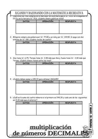 1. Juan efectúo tres compras en el mercado. En la primera gastó S/. 39,8; en la segunda S/.
23,5 y en la tercera S/. 70,6. ¿Cuánto dinero gastó en total?
DATOS OPERACIÓN RESPUESTA
2. Milagros compra una pulsera por S/. 77,80 y un reloj por S/. 115,50. Si paga con dos
billetes de S/. 100. ¿Cuánto recibe de vuelto?
DATOS OPERACIÓN RESPUESTA
3. Ana tiene S/. 6,75; Teresa tiene S/. 3,48 más que Ana y Juana tiene S/. 2,40 más que
Teresa. ¿Cuánto dinero tienen entre las tres?
DATOS OPERACIÓN RESPUESTA
4. ¿Cuánto debes sumar a 145,72 para obtener 260,645?
DATOS OPERACIÓN RESPUESTA
5. ¿Cuál es la suma de cuatro números si el primero es 249,35 y cada uno de los siguientes
es 21,41 más que el anterior?
DATOS OPERACIÓN RESPUESTA
* RESUELVE los siguientes problemas:
Ediciones MIRBET
6029
 