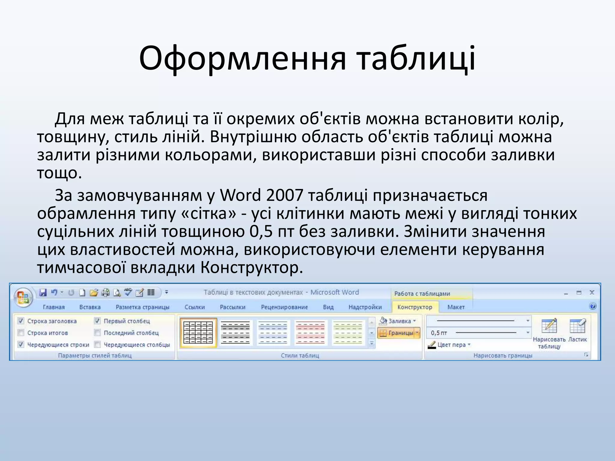 Оформлення таблиці
Для меж таблиці та її окремих об'єктів можна встановити колір,
товщину, стиль ліній. Внутрішню область об'єктів таблиці можна
залити різними кольорами, використавши різні способи заливки
тощо.
За замовчуванням у Word 2007 таблиці призначається
обрамлення типу «сітка» - усі клітинки мають межі у вигляді тонких
суцільних ліній товщиною 0,5 пт без заливки. Змінити значення
цих властивостей можна, використовуючи елементи керування
тимчасової вкладки Конструктор.
 