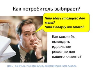 Как потребитель выбирает?
Что здесь стоящего для
меня?
Что я получу от этого?
Цель – понять за что потребитель действительно готов платить
Как могло бы
выглядеть
идеальное
решение для
вашего клиента?
 