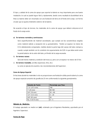 El tipo y calidad de la cama de apoyo que soporta la tubería es muy importante para una buena
instalación, la cual se puede lograr fácil y rápidamente, dando como resultado la durabilidad de la
línea La tubería debe ser encamada con una fundación de tierra en el fondo de la zanja con forma
circular que se ajuste al diámetro exterior de la tubería.
De acuerdo al tipo de terreno, los materiales de la cama de apoyo que deberá colocarse en el
fondo de la zanja serán:
a) En terrenos normales y semirocosos
Será específicamente de material zarandeado, que cumpla con las características exigidas
como material selecto a excepción de su granulometría. Tendrá un espesor no menor de
0.1m debidamente compactado, medida desde la parte baja del cuerpo del tubo; siempre y
cuando cumpla también con la condición de espaciamiento de 0.05 m que debe existir entre
la pared exterior de la unión del tubo y el fondo de la zanja excavada.
b) En terreno rocoso
Será del mismo material y condición del inciso a), pero con un espesor no menor de 0.15m.
c) En terreno inestable, (arcillas expansivas, limo, etc.)
La cama se ejecuta de acuerdo a las recomendaciones del Supervisor.
Cama de Apoyo Especial
En las áreas donde los materiales in situ no proporcionan una fundación sólida para la tubería, la cama
de apoyo especial consistirá de gravilla de 25 mm conformando la siguiente granulometría.
Tamaño de Tamiz Porcentaje que Pasa
1 ½” (37.5 mm) 100
1” (25 mm) 90-100
3/4” (19 mm) 30 – 60
1/2” (12.5 mm) 0 – 20
3/8” (9.5 mm) 50
No. 4 (4.75 mm) 0 – 5
Método de Medición.
El trabajo ejecutado se medirá en (ml), ordenado por el Ingeniero Residente y aprobado por el
Ingeniero Supervisor.
Forma de Pago
 