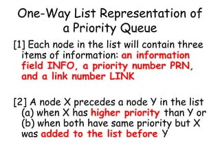 One-Way List Representation of
a Priority Queue
[1] Each node in the list will contain three
items of information: an information
field INFO, a priority number PRN,
and a link number LINK
[2] A node X precedes a node Y in the list
(a) when X has higher priority than Y or
(b) when both have same priority but X
was added to the list before Y
 
