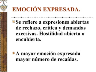 EMOCIÓN EXPRESADA.
Se refiere a expresiones abiertas
de rechazo, crítica y demandas
excesivas. Hostilidad abierta o
encubierta.
A mayor emoción expresada
mayor número de recaídas.
 