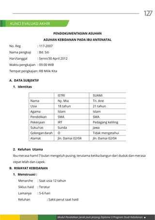 Modul Pendidikan Jarak Jauh Jenjang Diploma 3 Program Studi Kebidanan
127
PENDOKUMENTASIAN ASUHAN
ASUHAN KEBIDANAN PADA IBU ANTENATAL
No. Reg		 : 117-2007
Nama pengkaji	 : Bd. Siti
Hari/tanggal		 : Senin/30 April 2012
Waktu pengkajian	 : 09.00 WIB
Tempat pengkajian	: RB Milik Kita
A.	 DATA SUBJEKTIF
1.	 Identitas
ISTRI SUAMI
Nama Ny. Mia Tn. Ane
Usia 18 tahun 21 tahun
Agama Islam Islam
Pendidikan SMA SMA
Pekerjaan IRT Pedagang keliling
Suku/ras Sunda Jawa
Golongan darah O Tidak mengetahui
Alamat Jln. Damai 02/04 Jln. Damai 02/04
2.	 Keluhan Utama	
Ibu merasa hamil 7 bulan mengeluh pusing, terutama ketika bangun dari duduk dan merasa
cepat lelah dan capek.
B.	 Riwayat kebidanan
1.	 Menstruasi :
Menarche	 : Saat usia 12 tahun
Siklus haid	 : Teratur
Lamanya 	 : 5-6 hari
Keluhan 		 : Sakit perut saat haid
KUNCI EVALUASI AKHIR
 