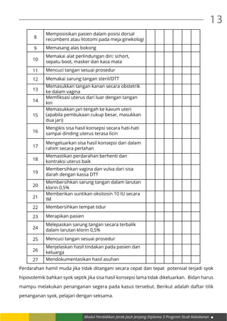 Modul Pendidikan Jarak Jauh Jenjang Diploma 3 Program Studi Kebidanan
13
8
Memposisikan pasien dalam posisi dorsal
recumbent atau litotomi pada meja ginekologi
9 Memasang alas bokong
10
Memakai alat perlindungan diri: schort,
sepatu boot, masker dan kaca mata
11 Mencuci tangan sesuai prosedur
12 Memakai sarung tangan steril/DTT
13
Memasukkan tangan kanan secara obstetrik
ke dalam vagina
14
Memfiksasi uterus dari luar dengan tangan
kiri
15
Memasukkan jari tengah ke kavum uteri
(apabila pembukaan cukup besar, masukkan
dua jari)
16
Mengikis sisa hasil konsepsi secara hati-hati
sampai dinding uterus terasa licin
17
Mengeluarkan sisa hasil konsepsi dari dalam
rahim secara perlahan
18
Memastikan perdarahan berhenti dan
kontraksi uterus baik
19
Membersihkan vagina dan vulva dari sisa
darah dengan kassa DTT
20
Membersihkan sarung tangan dalam larutan
klorin 0,5%
21
Memberikan suntikan oksitosin 10 IU secara
IM
22 Membersihkan tempat tidur
23 Merapikan pasien
24
Melepaskan sarung tangan secara terbalik
dalam larutan klorin 0,5%
25 Mencuci tangan sesuai prosedur
26
Menjelaskan hasil tindakan pada pasien dan
keluarga
27 Mendokumentasikan hasil asuhan
Perdarahan hamil muda jika tidak ditangani secara cepat dan tepat potensial terjadi syok
hipovolemik bahkan syok septik jika sisa hasil konsepsi lama tidak dikeluarkan. Bidan harus
mampu melakukan penanganan segera pada kasus tersebut. Berikut adalah daftar tilik
penanganan syok, pelajari dengan seksama.
 