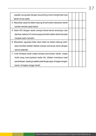 Modul Pendidikan Jarak Jauh Jenjang Diploma 3 Program Studi Kebidanan
37
usaplah ujung pipet dengan tisue kering untuk menghindari sisa
darah di luar pipet.
4.	Masukkan pipet ke dalam tabung alí kemudian keluarkan darah
sambil menarik pipet keluar
5.	Aduk HCl dengan darah sampai benar-benar tercampur dan
diamkan selama 3-5 menit supaya hematin dalam darah berubah
menjadi asam hematin.
6.	Masukkan aguades tetes demi tetes ke dalam tabung sahli,
aduk kembali setelah ditetesi sampai warnanya sama dengan
warna estándar
7.	Lihat terdapat pada angka berapa permukaan darah, angka
itulah yang menunjukkan kadar Hb. (Dalam membaca hasil
pemeriksaan, tepatnya adalah pada lengkungan di bagian tengah,
bukan di bagian pinggir darah.
 