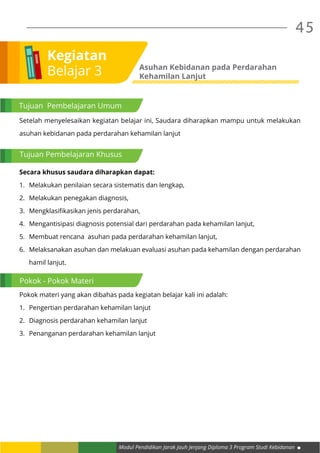 Modul Pendidikan Jarak Jauh Jenjang Diploma 3 Program Studi Kebidanan
45
Setelah menyelesaikan kegiatan belajar ini, Saudara diharapkan mampu untuk melakukan
asuhan kebidanan pada perdarahan kehamilan lanjut
Secara khusus saudara diharapkan dapat:
1.	 Melakukan penilaian secara sistematis dan lengkap,
2.	 Melakukan penegakan diagnosis,
3.	 Mengklasifikasikan jenis perdarahan,
4.	 Mengantisipasi diagnosis potensial dari perdarahan pada kehamilan lanjut,
5.	 Membuat rencana asuhan pada perdarahan kehamilan lanjut,
6.	 Melaksanakan asuhan dan melakuan evaluasi asuhan pada kehamilan dengan perdarahan
hamil lanjut.
Pokok materi yang akan dibahas pada kegiatan belajar kali ini adalah:
1.	 Pengertian perdarahan kehamilan lanjut
2.	 Diagnosis perdarahan kehamilan lanjut
3.	 Penanganan perdarahan kehamilan lanjut
Kegiatan
Belajar 3 Asuhan Kebidanan pada Perdarahan
Kehamilan Lanjut
Tujuan Pembelajaran Umum
Tujuan Pembelajaran Khusus
Pokok - Pokok Materi
 