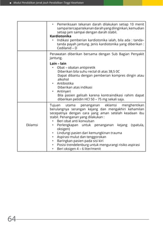 Modul Pendidikan Jarak Jauh Pendidikan Tinggi Kesehatan
64
•	 Pemeriksaan tekanan darah dilakukan setiap 10 menit
sampaitercapaitekanandarahyangdiinginkan,kemudian
setiap jam sampai dengan darah stabil.
Kardiotonika
•	 Indikasi pemberian kardiotonika ialah, bila ada : tanda–
tanda payah jantung. Jenis kardiotonika yang diberikan :
Cedilanid – D
Perawatan diberikan bersama dengan Sub Bagian Penyakit
Jantung.
Lain – lain
•	 Obat – obatan antipiretik
Diberikan bila suhu rectal di atas 38,5 0C
Dapat dibantu dengan pemberian kompres dingin atau
alkohol
•	 Antibiotika
Diberikan atas indikasi
•	 Antinyeri
Bila pasien gelisah karena kontraindikasi rahim dapat
diberikan petidin HCl 50 – 75 mg sekali saja.
Eklamsi
Tujuan utama penanganan eklamsi menghentikan
berulangnya serangan kejang dan mengakhiri kehamilan
secepatnya dengan cara yang aman setelah keadaan ibu
stabil. Penanganan yang dilakukan :
•	 Beri obat anti konvulsan
•	 Perlengkapan untuk penanganan kejang (spatula,
oksigen)
•	 Lindungi pasien dari kemungkinan trauma
•	 Aspirasi mulut dan tenggorokan
•	 Baringkan pasien pada sisi kiri
•	 Posisi trendelenburg untuk mengurangi risiko aspirasi
•	 Beri oksigen 4 – 6 liter/menit
 