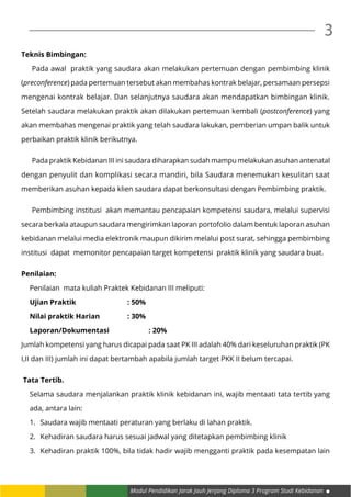 Modul Pendidikan Jarak Jauh Jenjang Diploma 3 Program Studi Kebidanan
3
Teknis Bimbingan:
	 Pada awal praktik yang saudara akan melakukan pertemuan dengan pembimbing klinik
(preconference) pada pertemuan tersebut akan membahas kontrak belajar, persamaan persepsi
mengenai kontrak belajar. Dan selanjutnya saudara akan mendapatkan bimbingan klinik.
Setelah saudara melakukan praktik akan dilakukan pertemuan kembali (postconference) yang
akan membahas mengenai praktik yang telah saudara lakukan, pemberian umpan balik untuk
perbaikan praktik klinik berikutnya.
	 Pada praktik Kebidanan III ini saudara diharapkan sudah mampu melakukan asuhan antenatal
dengan penyulit dan komplikasi secara mandiri, bila Saudara menemukan kesulitan saat
memberikan asuhan kepada klien saudara dapat berkonsultasi dengan Pembimbing praktik.
	 Pembimbing institusi akan memantau pencapaian kompetensi saudara, melalui supervisi
secara berkala ataupun saudara mengirimkan laporan portofolio dalam bentuk laporan asuhan
kebidanan melalui media elektronik maupun dikirim melalui post surat, sehingga pembimbing
institusi dapat memonitor pencapaian target kompetensi praktik klinik yang saudara buat.
Penilaian:
Penilaian mata kuliah Praktek Kebidanan III meliputi:
Ujian Praktik			 : 50%
Nilai praktik Harian 		 : 30%
Laporan/Dokumentasi 		 : 20%
Jumlah kompetensi yang harus dicapai pada saat PK III adalah 40% dari keseluruhan praktik (PK
I,II dan III) jumlah ini dapat bertambah apabila jumlah target PKK II belum tercapai.
Tata Tertib.
Selama saudara menjalankan praktik klinik kebidanan ini, wajib mentaati tata tertib yang
ada, antara lain:
1.	 Saudara wajib mentaati peraturan yang berlaku di lahan praktik.
2.	 Kehadiran saudara harus sesuai jadwal yang ditetapkan pembimbing klinik
3.	 Kehadiran praktik 100%, bila tidak hadir wajib mengganti praktik pada kesempatan lain
 